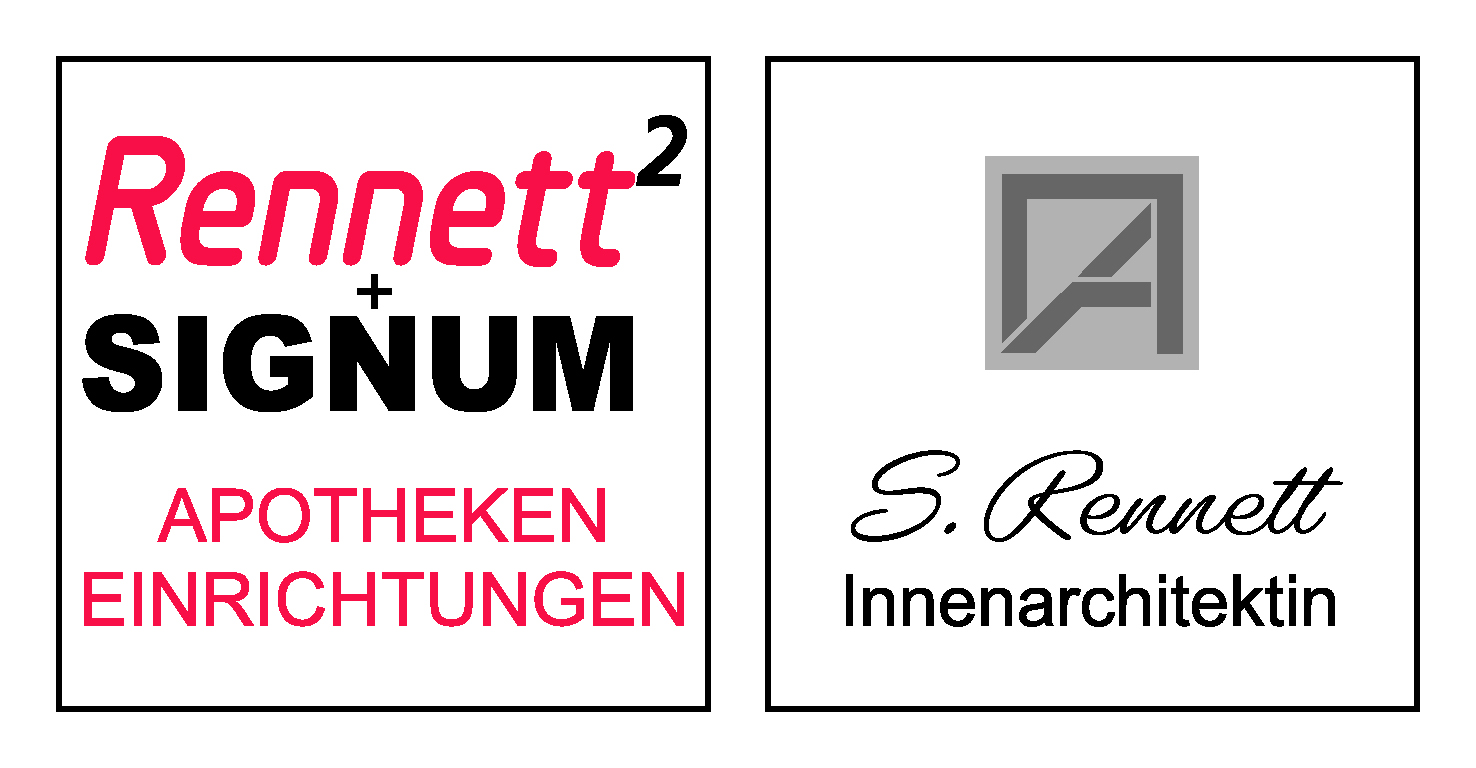 Firmenlogos: links 'Rennett² + Signum Apothekeneinrichtungen', rechts 'S. Rennett Innenarchitektin' mit grauem A-Logo.