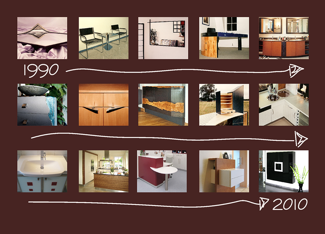 Postkarte, Einladung zur Ausstellung 2010, die Zeitstrahl von 1990 bis 2010 zeigt mit 15 Fotos von Objekten, die während dieser Zeit entstanden sind, vor dunklem Hintergrund.