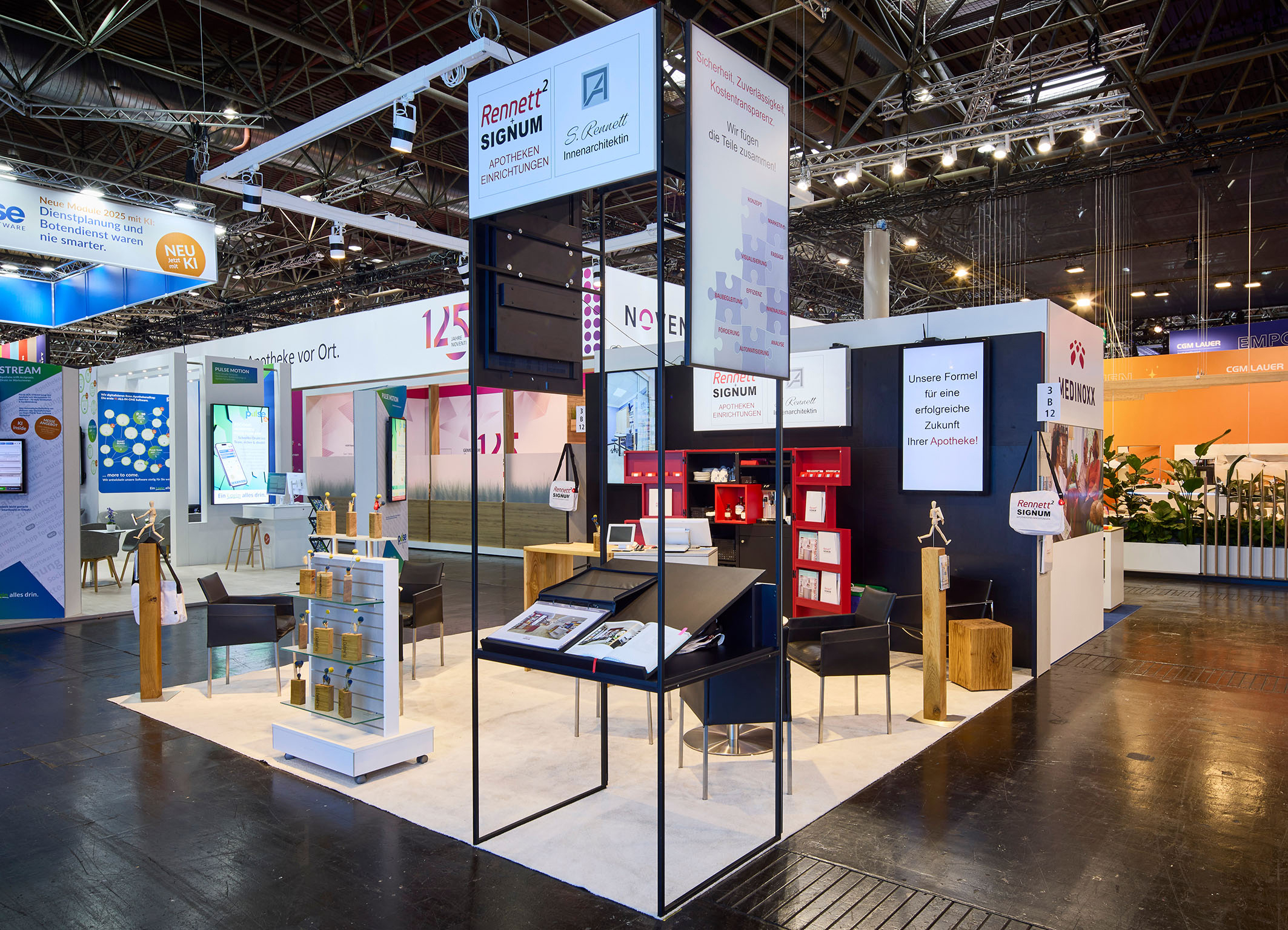 Messestand Perspektive mit Eckgestell und Präsentationsmappe.