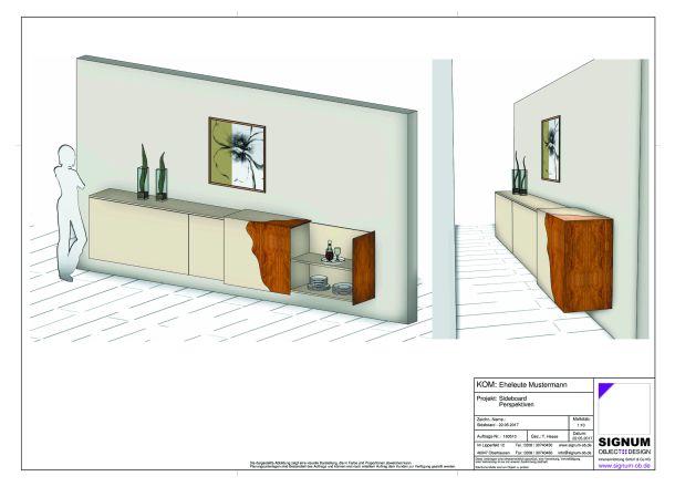 Visualisierung eines Sideboards mit hellem Korpus, offener Schiebetür mit markanter Holzmaserung in modernem Wohnraum.