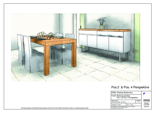 Skizze eines Essbereichs mit Holztisch, vier gepolsterten Stühlen und Sideboard mit Holzplatte auf Fliesenboden.