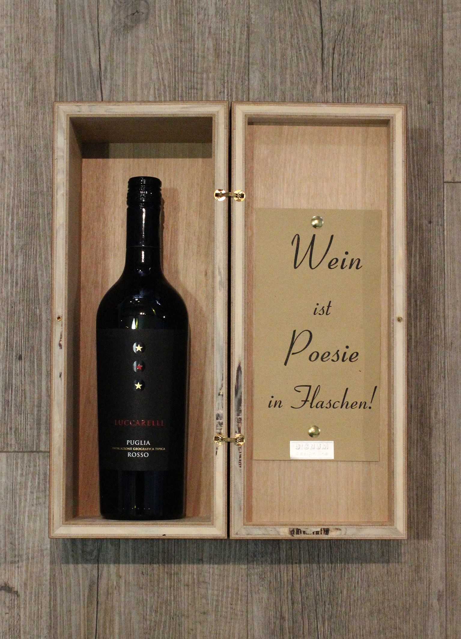 Weinkiste Zwetschenfurnier geöffnet mit Spruch: "Wein ist Poesie in Flaschen".